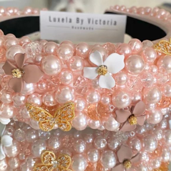 Pink Pearl with Gold Butterflies and Flowers Headband